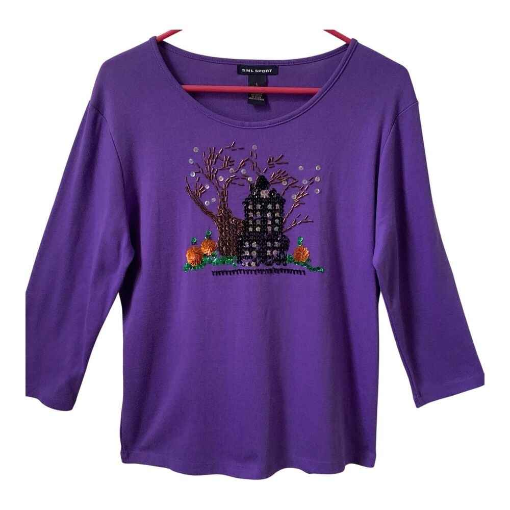 Women's Halloween T-Shirt LARGE Purple Haunted House Beaded Sequins Long Sleeve